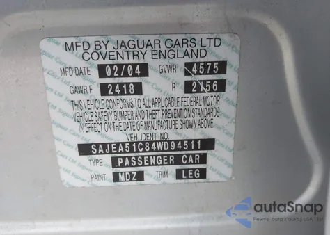 2004 Jaguar X-Type 3.0 из США, поврежденный, VIN SAJEA51C84WD94511